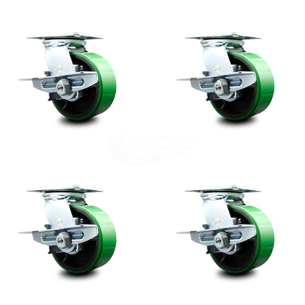 6 Inch Poly on Cast Iron Wheel Heavy Duty Top Plate Caster with Brakes, 4PK